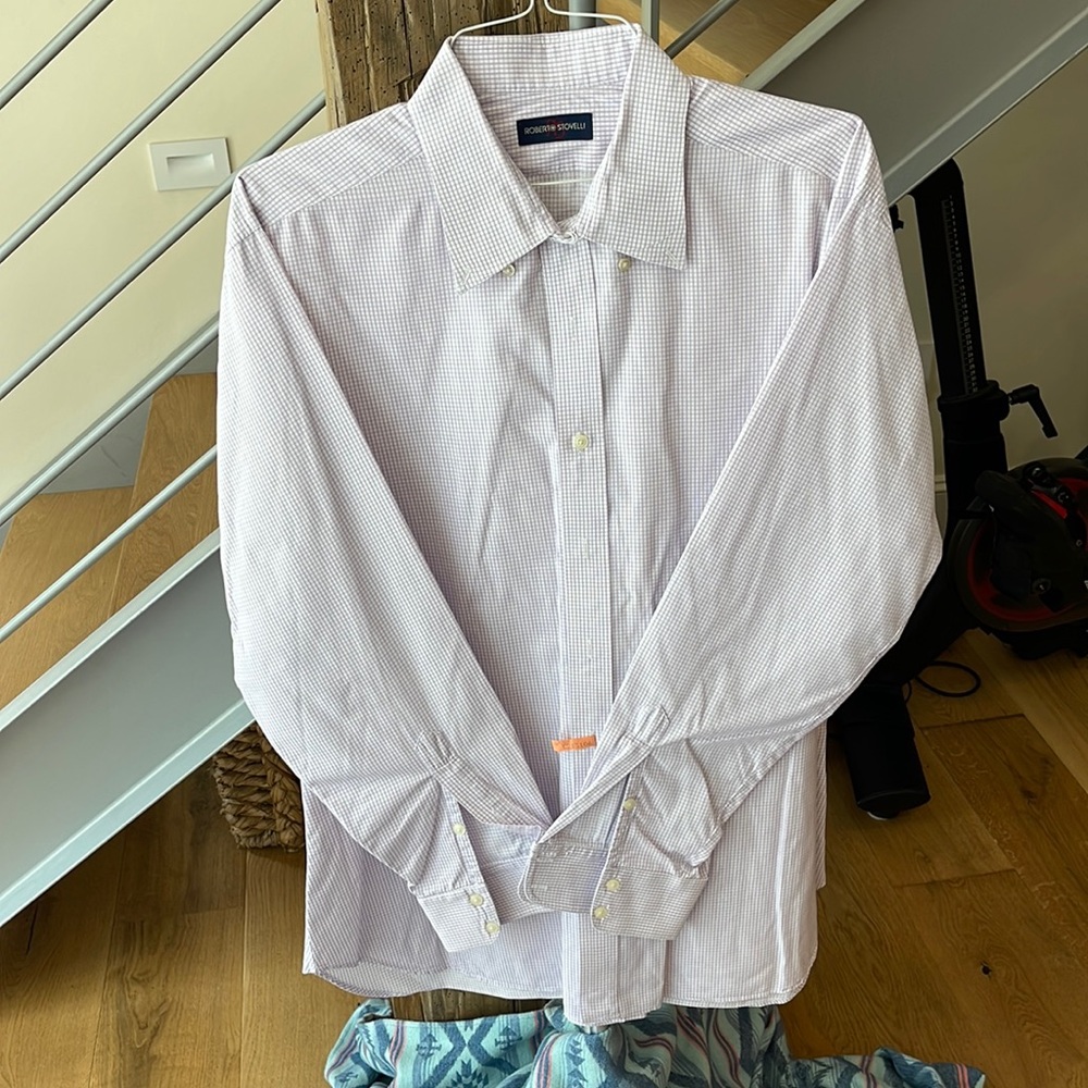 Roberto Stovelli Dress Shirt. 17.5 - 36. Tailored Fit. Purple Check.